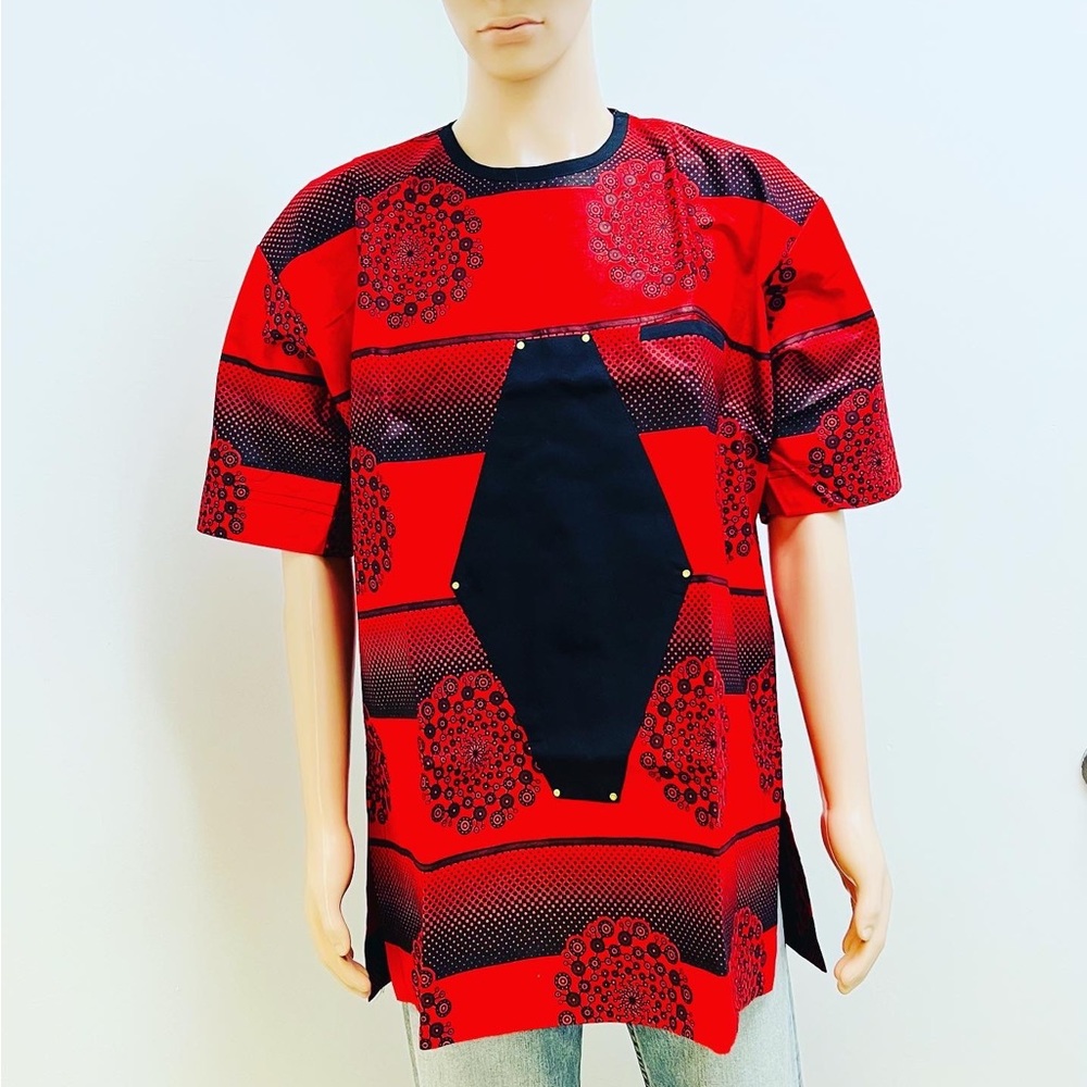 African print red/black short sleeve shirt for men